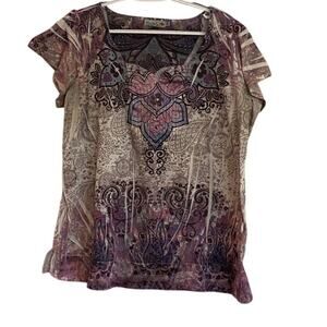 Unity Burgendy Blouse Sz 1XL Short Sleeves Unique Neckline Casual Work